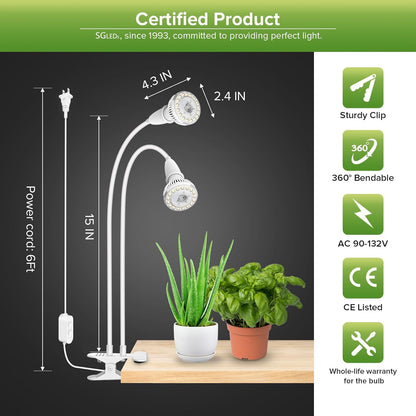 Grow Lights for Indoor Plants, LED 10 W Full Spectrum Bulb Replaceable Plant Light, 150 W Equivalent Clip on Grow Light with Optical Lens for Indoor Growing, Lifetime Free Bulb Replacement