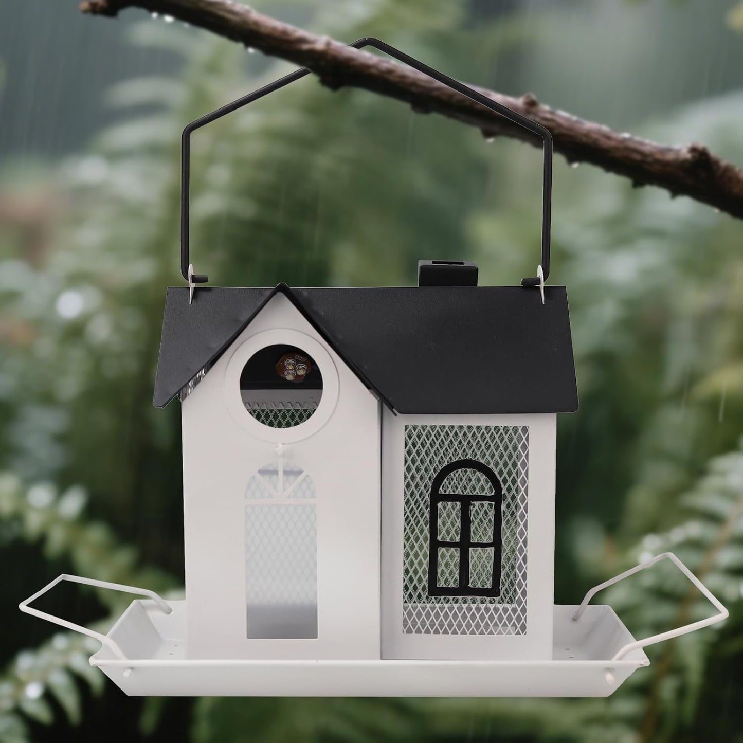 Solar Bird Feeder for Outdoors – White Metal Hanging Bird Feeder with Solar Light, Decorative Bird House Feeder for Cardinals, Finches, and Wild Birds, Weatherproof Backyard Garden Decor