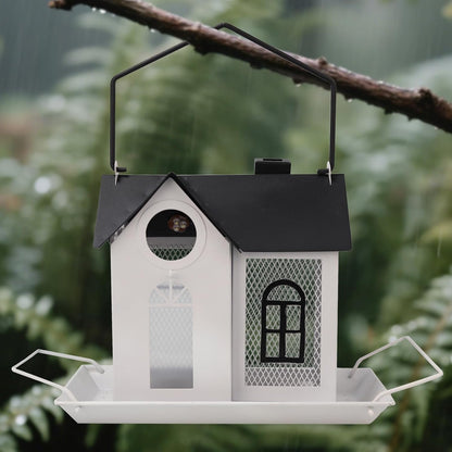 Solar Bird Feeder for Outdoors – White Metal Hanging Bird Feeder with Solar Light, Decorative Bird House Feeder for Cardinals, Finches, and Wild Birds, Weatherproof Backyard Garden Decor