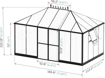 Jocisland 14x9.5x9 FT Polycarbonate Greenhouse- 6 FT Wall Height Outdoor Aluminum Greenhouses with 2 Ventilation and Rain Gutter, Double Doors with Hook, Walk-in Greenhouse for Backyard Garden