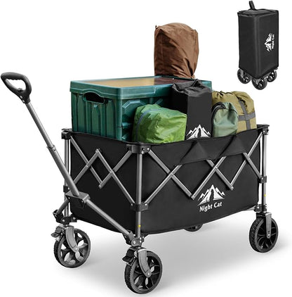 Night Cat Collapsible Wagon for Camping: 150L Garden Gart with Wheels Heavy Duty - Folding Utility Wagon for Outdoor