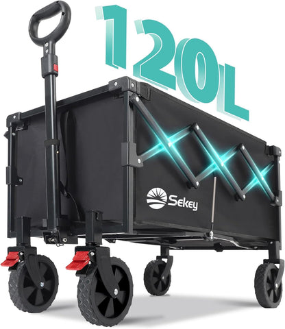 Sekey Collapsible Wagon Cart Foldable with 220LBS Weight Capacity, Lightweight Portable Folding Grocery Shopping Cart with Wheels for Camping Sports Beach and Shopping.Black