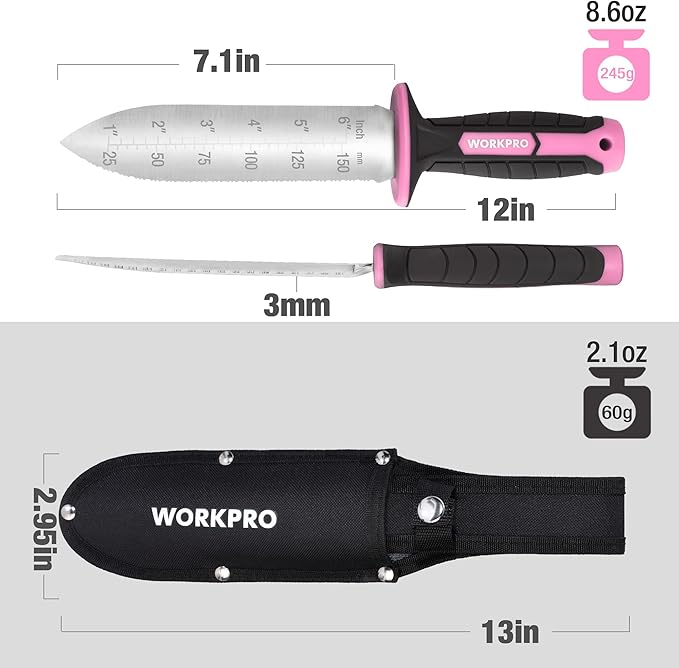 WORKPRO Hori Hori Garden Knife, 7" Stainless Steel Blade with Cutting Edge, Garden Tools with Oxford Sheath, Ergonomic TRP Handle with Hanging Hole for Weeding, Planting, Digging, Pink Ribbon