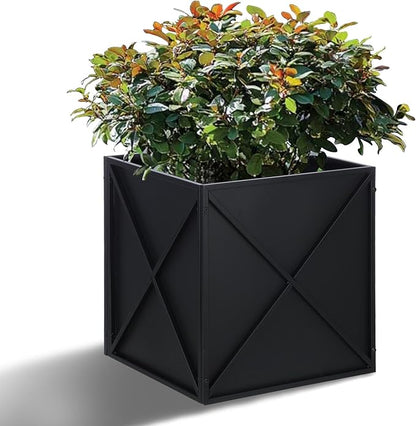 Metal Square Planter Box Tall Planters for Outdoor Plants Modern Heavy Duty with Drainage Holes for Outside Indoor Patio Deck - Black, 17”x 17”x 18”
