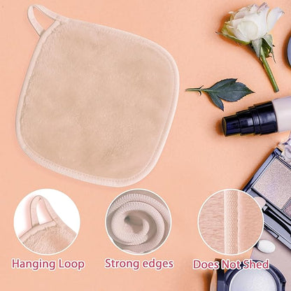 Makeup Remover Cloth, 6" x 6" Make Up Towels Reusable Face Cloth for Washing Face, 12 Pack Makeup Remover Pads Microfiber Face Washcloth with Mesh Bag, Beige