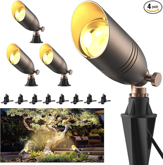 Solid Brass 12V Low Voltage Wired Landscape Lighting,Heavy-Duty Waterproof Outdoor Electric LED Spotlights Fixtures for Yard, Tree & Garden, Bronze Uplights, MR16 Bulb Not Included (Classic, 4 Pack)