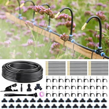 360° Automatic Drip Irrigation Kit - 5/16'' Tubing, Adjustable Universal Spray Nozzle, Copper Atomizing System for Garden/Lawn/Greenhouse - Multi-Directional Rotation, Quick Connectors, 100FT