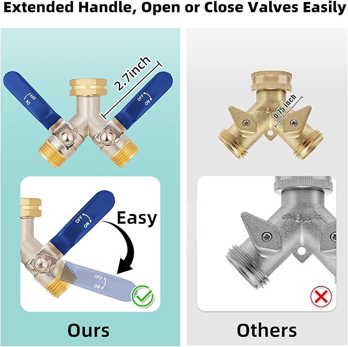 2 Way Hose Splitter, Brass High Flow Garden Hose Splitter Heavy Duty, Hose Connector, Water Spigot Splitter, Full Flow Faucet Splitter with shutoff, 3/4” GHT Inlet
