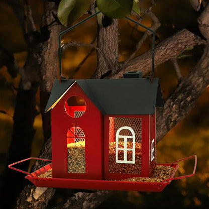 Solar Bird Feeder House for Outdoors – Red Metal Hanging Bird Feeder with Solar Light, Decorative Bird House Feeder for Cardinals, Finches, and Wild Birds, Weatherproof Backyard Garden Decor