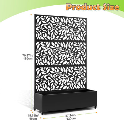 Metal Raised Garden Bed with Trellis, 2 in 1 Trellis with Planter Box & Privacy Screen for Climbing Plants, Vine, Outdoor Standing Flower Beds with Drainage Holes,47.2" L x 16.7" W x 70.8" H,(Black)