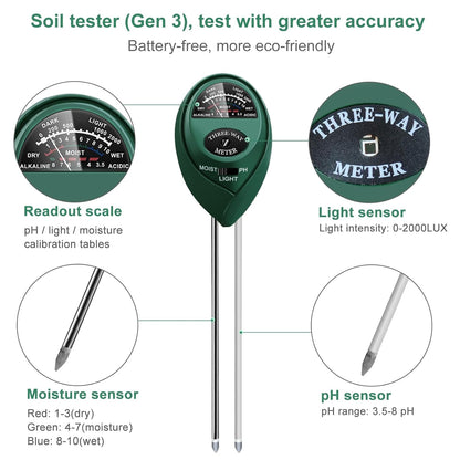 Soil Tester 3-in-1 – Soil Moisture Meter, Light Sensor & Soil pH Tester – No Battery Needed – Plant Moisture & Water Monitor for Garden, Lawn, Farm, Indoor/Outdoor – Promote Healthy Growth