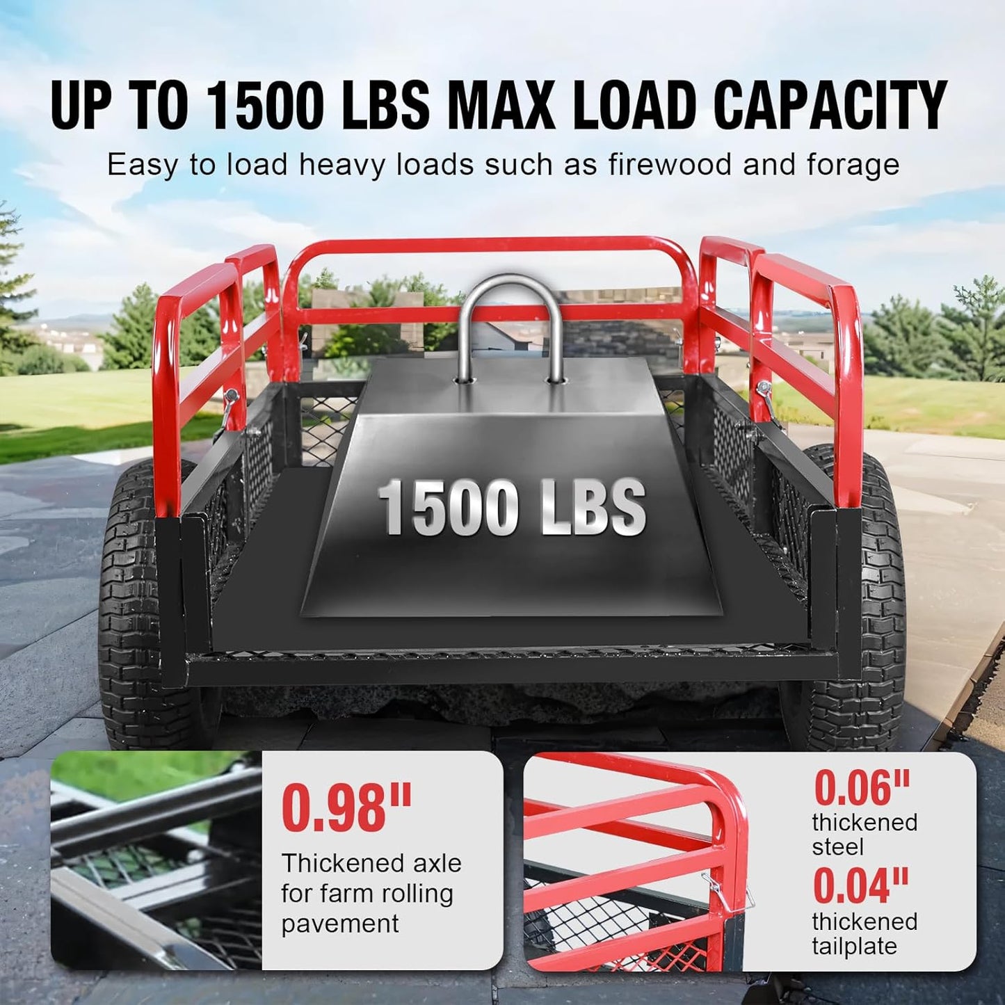 BIG RED Heavy Duty ATV Trailer Steel Dump Cart: Yard Garden Trailer for Lawn Mower, Tractor, Garden Waste - 1,500lbs, 15 cu.ft Capacity