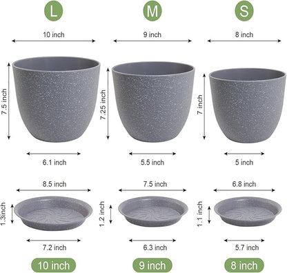 10/9/8 inch Plant Pots, Set of 3 Modern Decorative Plastic Planters with Drainage Holes and Saucers for Garden House Plants, Flower Pots for Indoor Outdoor Plants, Speckled Grey