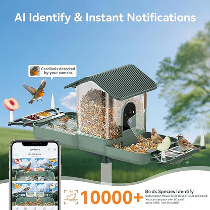 Dual-Lens Bird Feeder with Camera & Bird Bath Combo, Watch Birds Eat & Bathe with WiFi 2K HD Video, Auto Record, AI Recognition, APP Alerts, Solar Powered, for Backyard Garden Porch Fence Decor