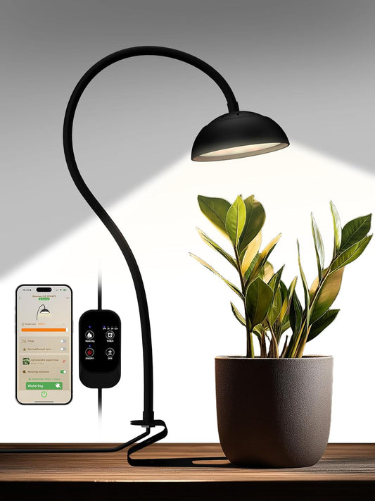 GLOWRIUM Smart Grow Lights for Indoor Plants,10W Full Spectrum LED Plant Light with 3/9/12 Timer,10 Dimmable Levels,Height Adjustable Grow Light with Base (Black)