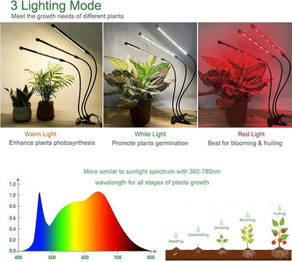 ELITUN Grow Lights for Indoor Plants, 3000k/5000k/660nm Full Spectrum Plant Light with 3/9/12H Timer, 9 Brightness Levels, Auto ON/Off, 3 Heads Clip 126 LEDs Plant Grow Lamps