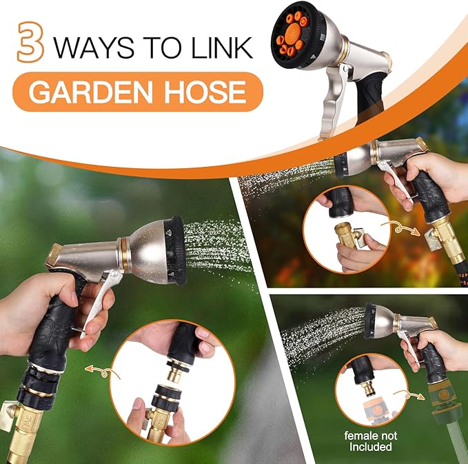 Tesony Garden Hose Nozzle, Heavy Duty Metal Water Hose Sprayer with 9 Adjustable Spray Patterns and Brass Hose Quick Connector, High Pressure Handheld Spray Nozzle Gun for Watering Plants, Car Washing