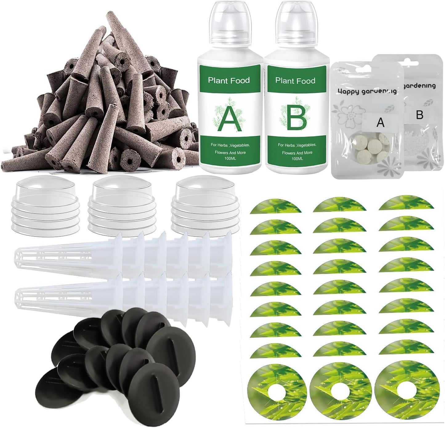 188pcs Hydroponics Supplies Kit with 100 Grow Sponges, 12 Grow Baskets, 12 Grow Domes, 50 Labels, 200ml Hydroponics Nutrients A&B, 12 Plant Spacers - Hydroponics Garden Accessories