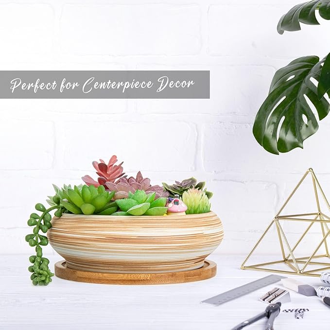 ARTKETTY Succulent Pots - Ceramic Bonsai Pots with Drainage Tray, 7.3 Inch Large Plant Pots Shallow Succulent Planters for Indoor Plants Decorative Cactus Flower Planter Bowl