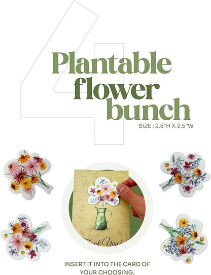 Seed Paper Thank You Cards – 4 Plantable Bouquet Inserts with Wildflower Seeds, 4 Greeting Cards & Envelopes, Unique Gift for Mothers, Garden Lovers, Birthdays, Weddings & Special Occasions