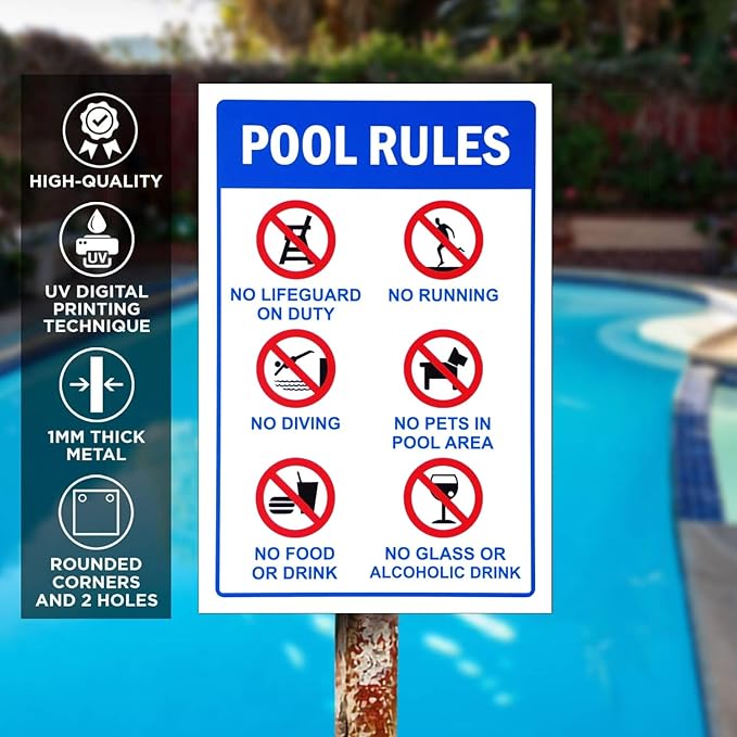 Tinplate Pool Rules Signs - 16x12in Funny Outdoor Metal Decor for Backyards, Swimming Pools & Safety Reminders