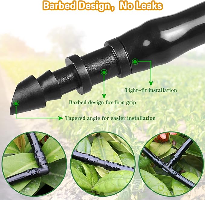 1/4 Inch Drip Irrigation Fittings Kit：140 Pieces Drip Irrigation Parts with Sharp End for 1/4" Irrigation Tubing Barbed Connectors for Home Garden 60 Couplings 50 Tees 20 Elbows 10 Goof Plugs