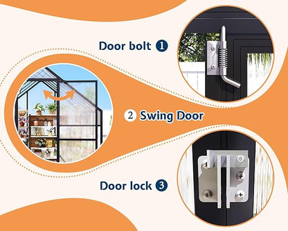 Jocisland 8x8x7 FT Polycarbonate Greenhouse for Outdoors with 2 Windows, Dual Swing Doors, Aluminum Walk-in Frame, Heavy Duty Garden Greenhouse for Backyard, Black