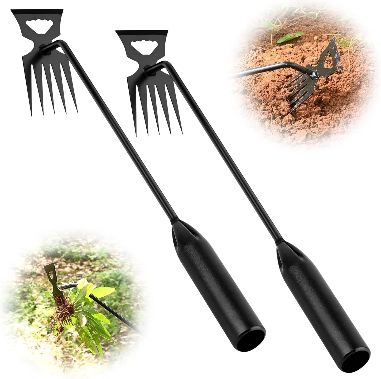 Weed Puller Tool Garden Weed Pulling Tool, 4-Tine Manganese Steel Weeder Tool - Black Coated Forged Portable Garden Hand Weeder for Farm, Orchard & Garden (2Pack)