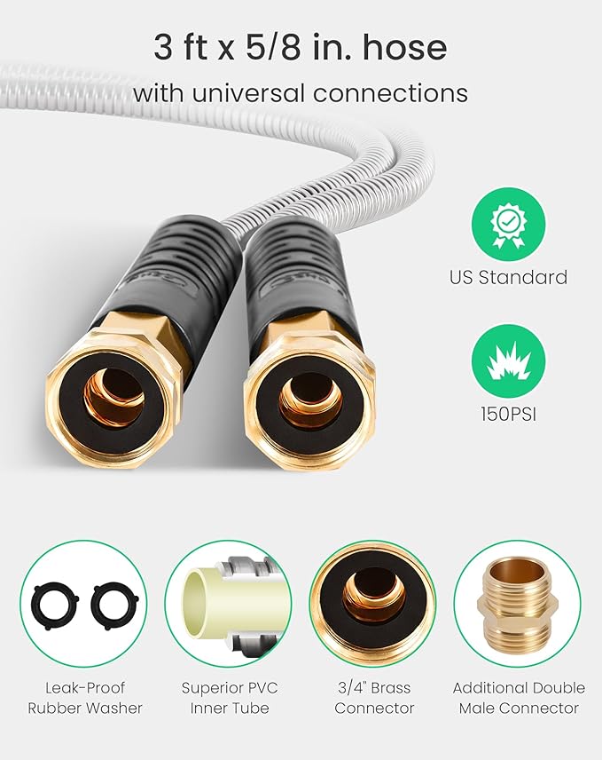 Cesun Short Garden Hose 3 feet, Small Metal Leader Hose, Drinking Water Hose, Flexible, Lightweight Stainless Steel Water Pipe for RV, Outdoor, Yard, 3ft x 5/8", Female to Female