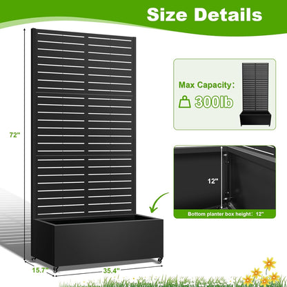 Metal Planter Box with Trellis, 72"x35"x16" Metal Raised Garden Bed with Trellis, Trellis Planter Box with Drainage Holes & Lockable Casters for Climbing Plants, Vegetables, and Vines