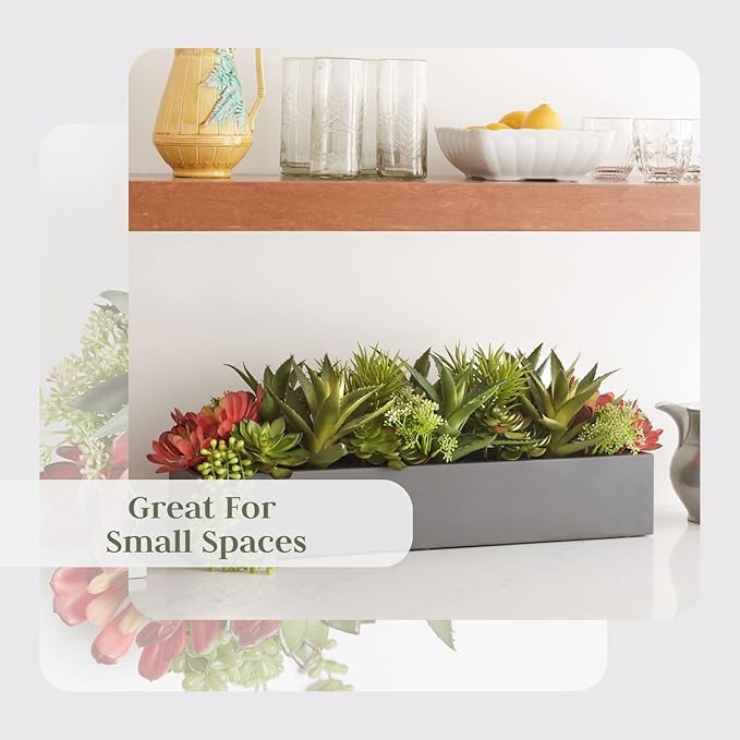 CG Hunter Oblong Faux Succulent Arrangement, Premium Artificial Indoor Plant Enhances Interior Design, Display on any Surface in Your Home Adding an Inviting Touch of Nature, Grey Planter Pot Included