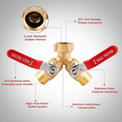 Garden Hose Splitter 2 Way Heavy Duty - Solid Brass Hose Y Splitter with Stainless Steel Long Handle, 3/4" GHT Thread for High Flow Rates & Leak-Free Connection