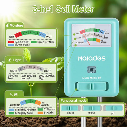 Professional 3-in-1 Soil Tester - Moisture/Light/pH Meter with Lab-Calibrated Probes, 90° Rotatable Display for Indoor/Outdoor Plants (Battery-Free)