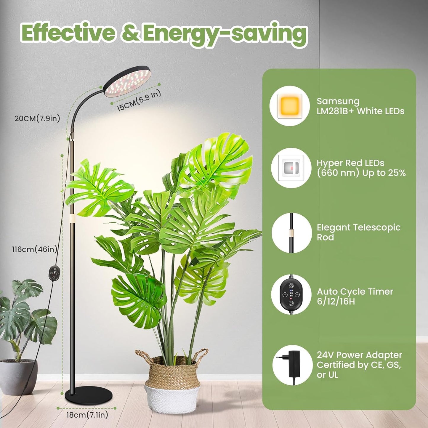 24V Grow Lights for Indoor Plants, LM281B+660nm Plant Lights for Indoor growing, 5.9" LED Grow Lights for Seed Starting, 20-54in Height Adjustment for Medium Plants, 20W, 350umol/s/m²@Dist:6in