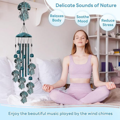 Jellyfish Wind Chimes for Outside, Large Jellyfish Gifts for Women, Memorial Jellyfish Wind Chime, Metal Jellyfish Decor, 40" Outdoor Garden Decor for Lawn, Porch, Patio, Yard