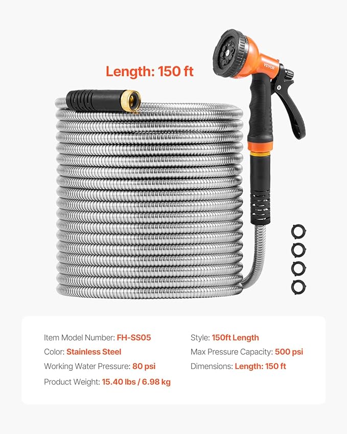 VEVOR Garden Hose Metal 150 ft, Rust Proof Stainless Steel Water Hose, Heavy Duty Backyard Hose with 10 Function Nozzle, No-Kink & Flexible Water Pipe, Lightweight Metal Hose for Yard, Outdoor