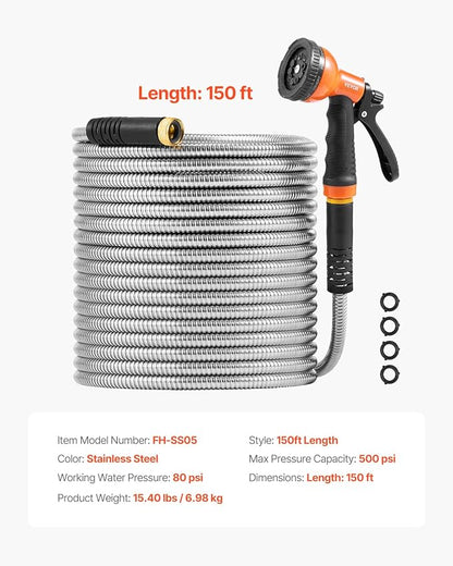 VEVOR Garden Hose Metal 150 ft, Rust Proof Stainless Steel Water Hose, Heavy Duty Backyard Hose with 10 Function Nozzle, No-Kink & Flexible Water Pipe, Lightweight Metal Hose for Yard, Outdoor