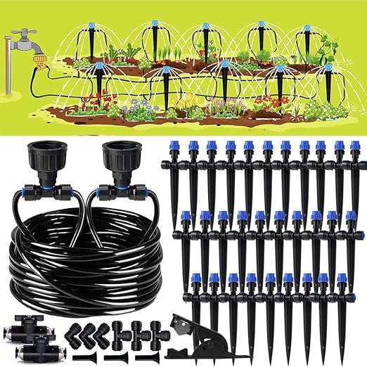 98.4FT Quick-Connect Drip Irrigation Kit with Adjustable Fan-Shaped Drippers for Garden Watering, Saving Water Automatic Irrigation Equipment for Raised Bed Plants Vegetable Garden Greenhouse