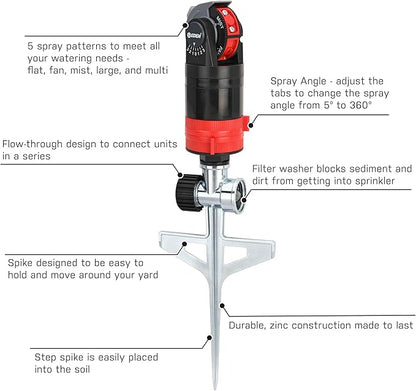 Eden 94143 Multi-Pattern Sprinkler Plus One-Direction Misting System with Metal Sprike Set; Gear Drive, Heavy Duty, Gardening Watering System, Garden&Lawns, 5 Pattern, Coverage up to 3737sq.ft