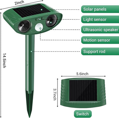 2 Pack Solar Animal Repeller Outdoor, Cat Deterrent with Ultrasonic & Flashing LED - Night Time Motion Activated Pest Control for Garden Yard to Repel Cats, Raccoons, Deer, Skunks, Squirrels