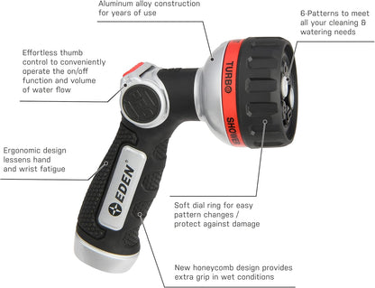 Eden 94814 Metal Thumb Control Heavy Duty Garden Hose Nozzle, Water Sprayer Nozzle with 6 Adjustable Watering Patterns, W/Quick Connect Starter Set for Plants, Lawn, Garden