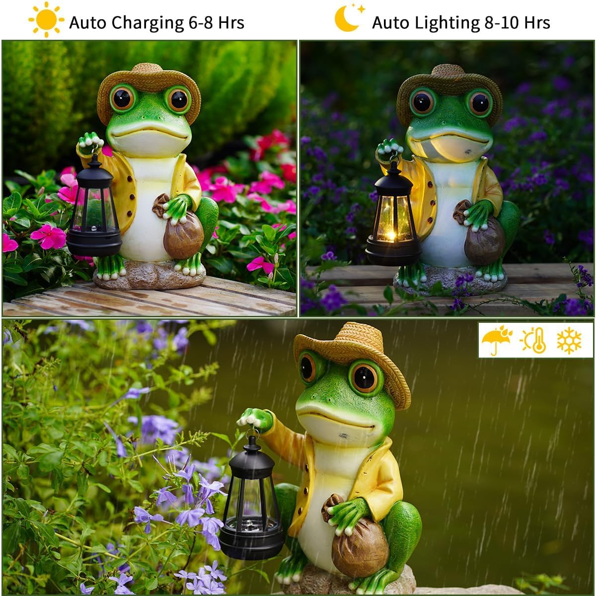 Solar Garden Outdoor Frog Statue 10 inches Tall - with Handheld Lanterns - Detachable - Patio, Balcony, Shelf, Tabletop, Lawn Decoration - Unique Housewarming, Birthday, Thanksgiving, Mom Gifts
