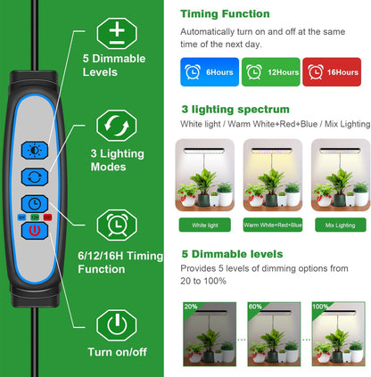 Wiaxulay Grow Lights for Indoor Plants Full Spectrum, 78 LED/11 in Desktop Plant Grow Light with Metal Base, Height Adjustable 7.8-26 in, 3 Lighting Modes, Auto Timer 6/12/16 Hrs, 5 Brightness,1 Pack