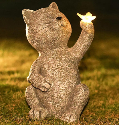 Solar Garden Statue Cat Garden Figurines Cat Garden Statue Outdoor Decor, Solar Powered Resin Sculpture with Butterfly Light Art Decoration for Patio Lawn Yard Porch, Housewarming Garden Gift