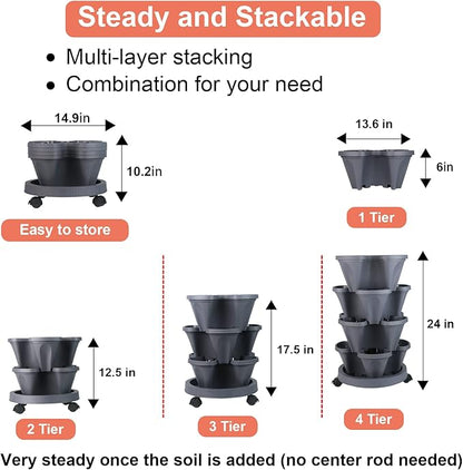 Vertical Planter 4 Tier Stackable Planters Garden Planters Strawberry Herb Flower and Vegetable Planter Indoor Outdoor Gardening Pots with Removable Wheels and Tools