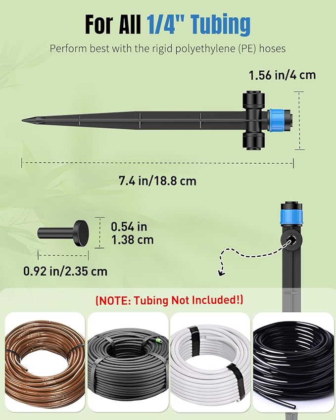 Pawfly 60 Pcs Push-to-Fit Drip Irrigation Emitters for 1/4 Inch Tubing with Stake & End Plugs, Two-Way Connection Irrigation Drippers, Drip Emitters Sprayers with Adjustable 360 Degree Water Flow