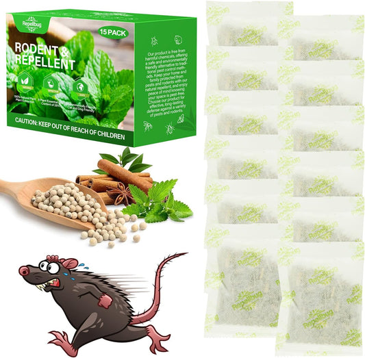 Pest Control Pouches, 15 Pack Peppermint Oil for Mice Rodent Rats Squirrel Pests Repellent Indoor Outdoor Use, Rodent Rat Mouse Deterrent Family Pet Safe Ideal for House Garage Warehouse (15 Pack)