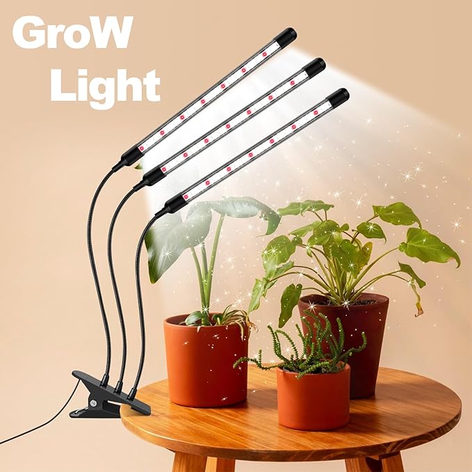 3 Head Grow Lights for Seed Starting, 6000K Full Spectrum Grow Lights for Indoor Plants with 6/12/18H Auto Timer, 5 Dimmable Level Plant Light, Plant Lamp Clip-on Desk for Indoor Plant Growing