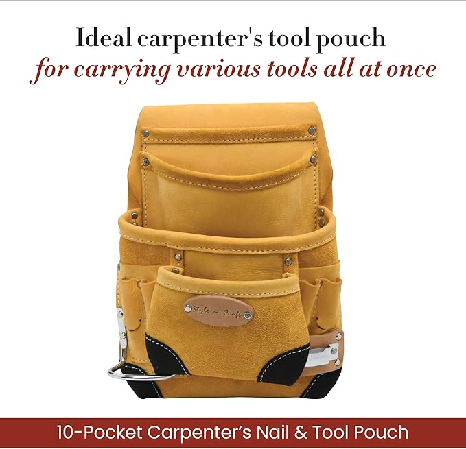 Style n Craft 10-Pocket Carpenter’s Nail & Tool Pouch with Tape Clip, Heavy-Duty Leather Tool Pouch, Perfect and Durable Full-Grain Leather Pouch, Yellow with Black Leather Corners (93924)