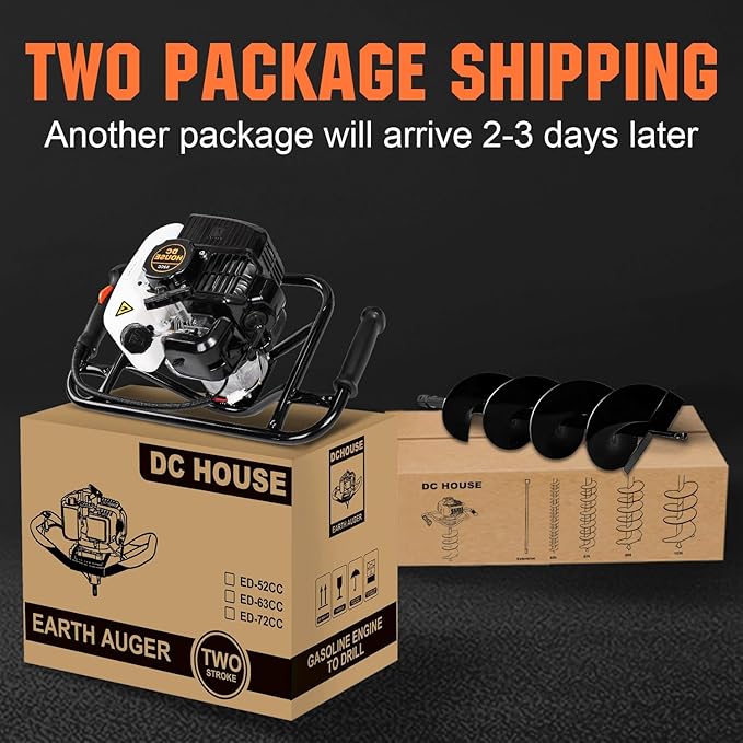 DC HOUSE 52cc 1800W Gas Powered Earth Auger EPA Certified Post Hole Digger, with Drill Bit 12 inch, Mixing Ratio 30:1, for Fence, Farmland and Garden
